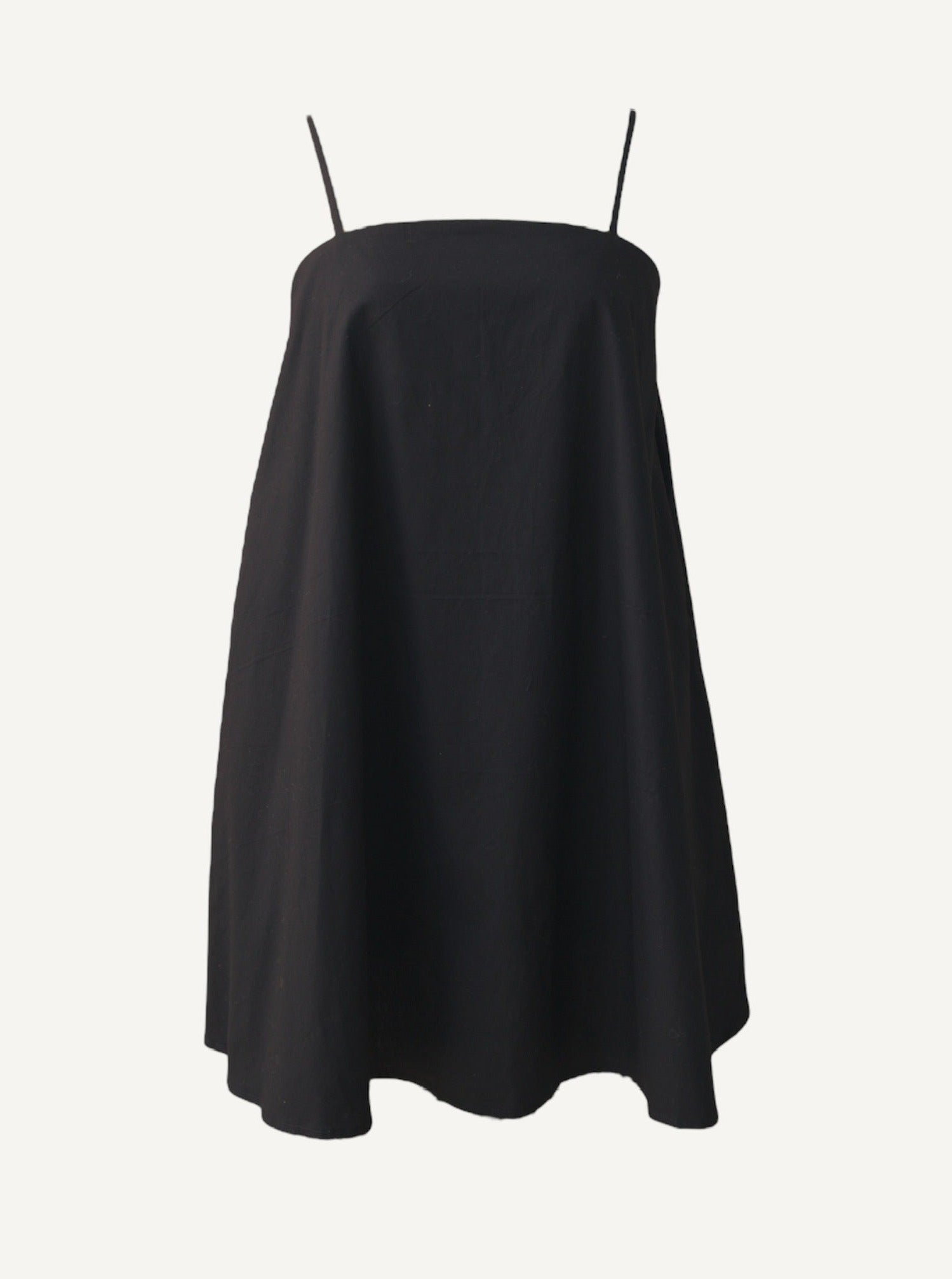 a black flare tent spaghetti strap dress from adrina fanore