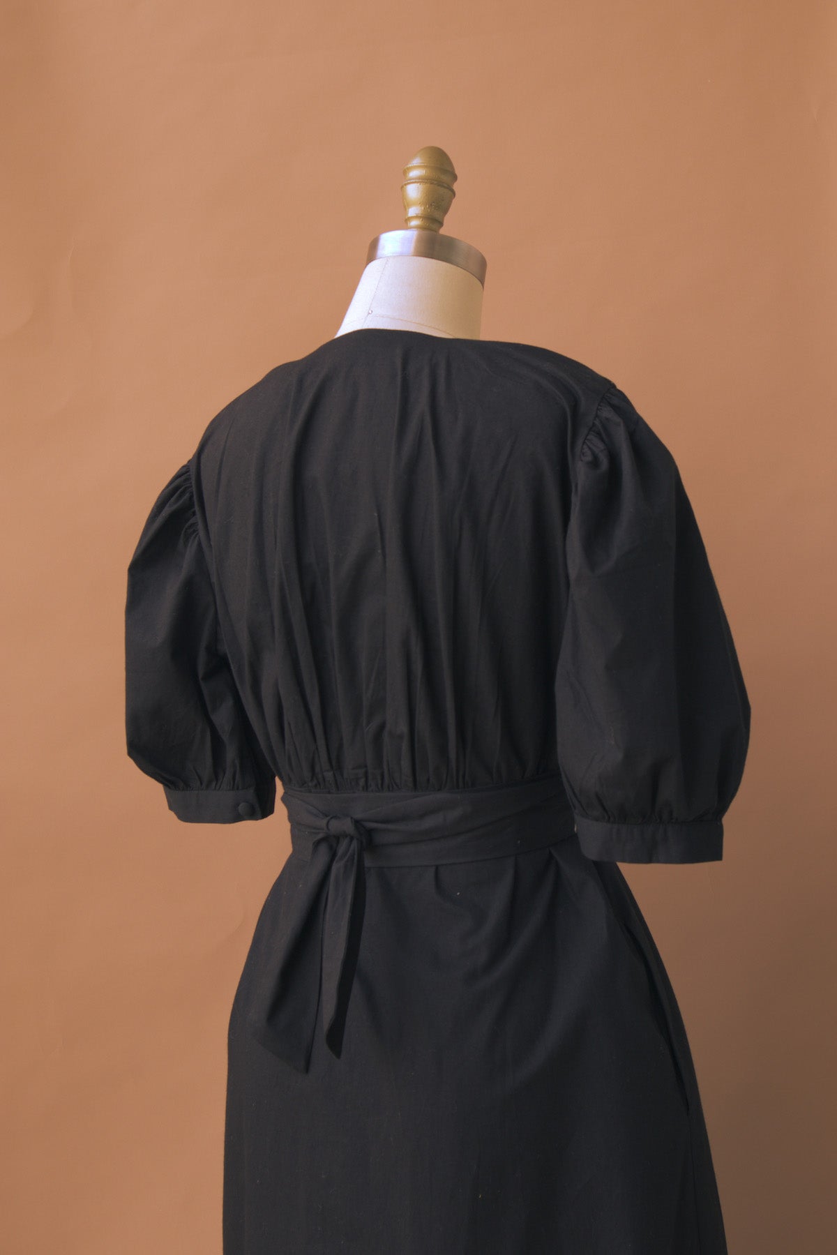 a low v-neck black maxi dress with puff sleeves and snap front closure (back view)