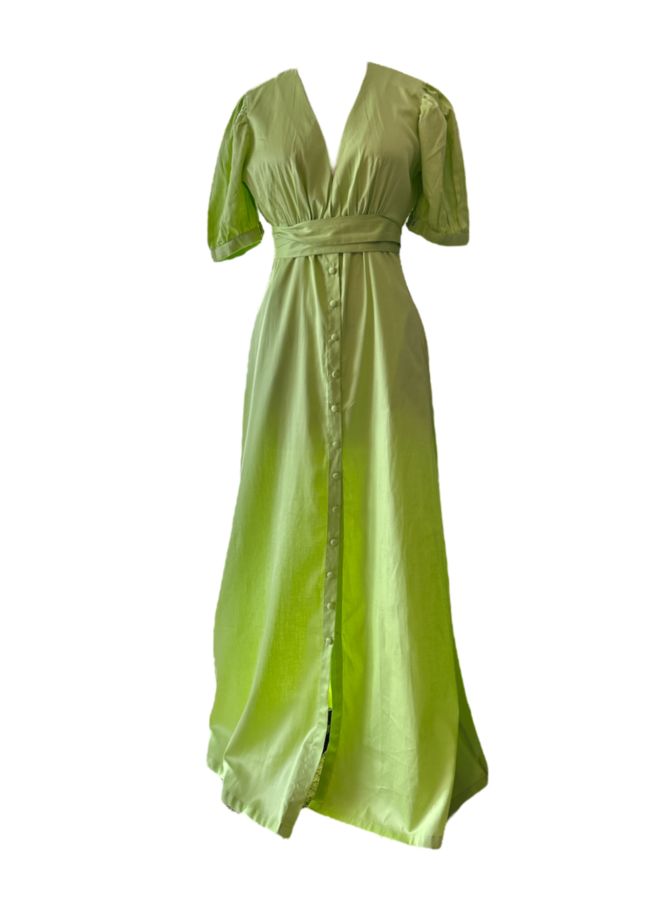 a low v-neck lime maxi dress with puff sleeves and snap front closure