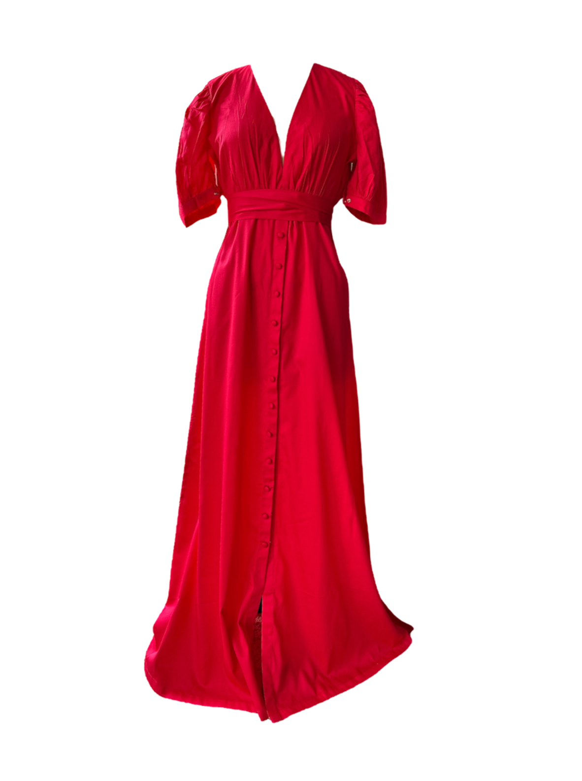 a low v-neck hot pink maxi dress with puff sleeves and snap front closure