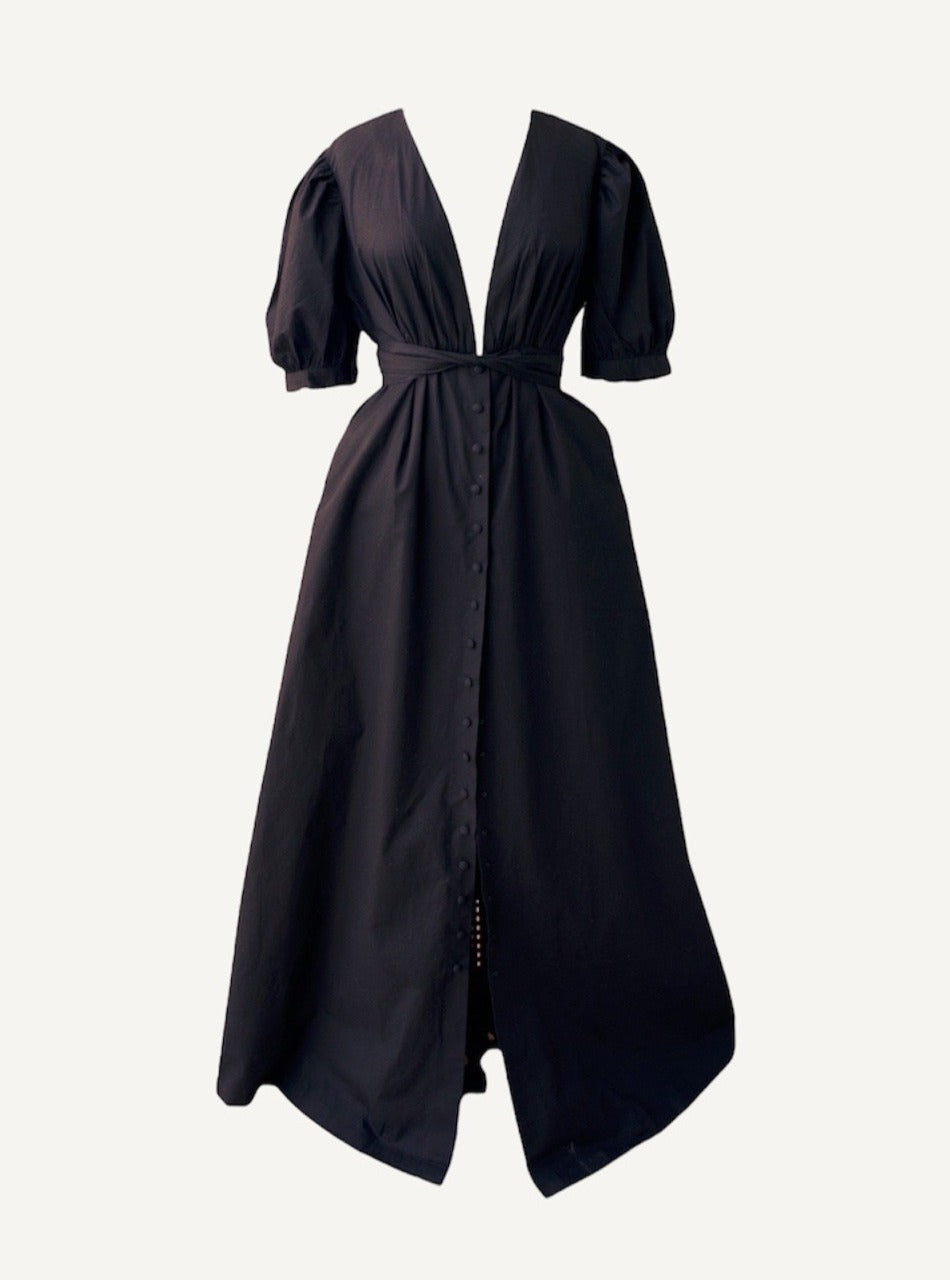 a low v-neck black maxi dress with puff sleeves and snap front closure