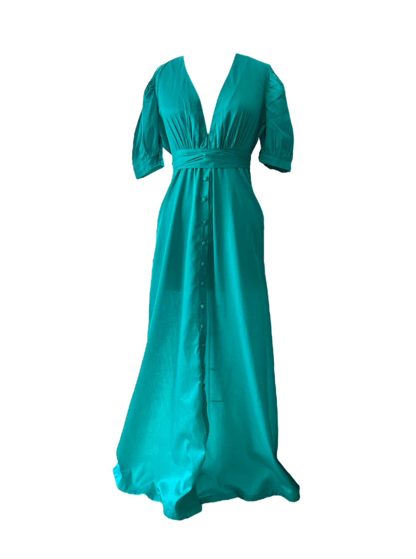 a low v-neck turquoise maxi dress with puff sleeves and snap front closure